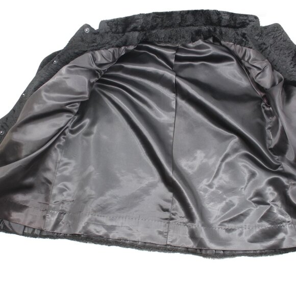 VTG 50s 60s Faux Fur Jacket Black Belted Satin Lined Stand Collar Swing Coat M - Picture 8 of 16